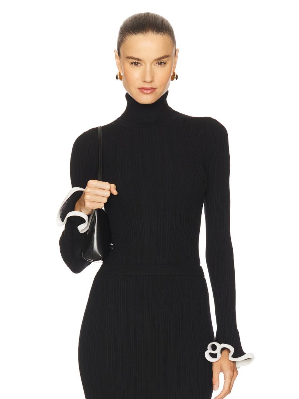 SIMKHAI Lola Turtleneck in Black Long Sleeve Bell Sleeve Shirt Contrast Cuff XS